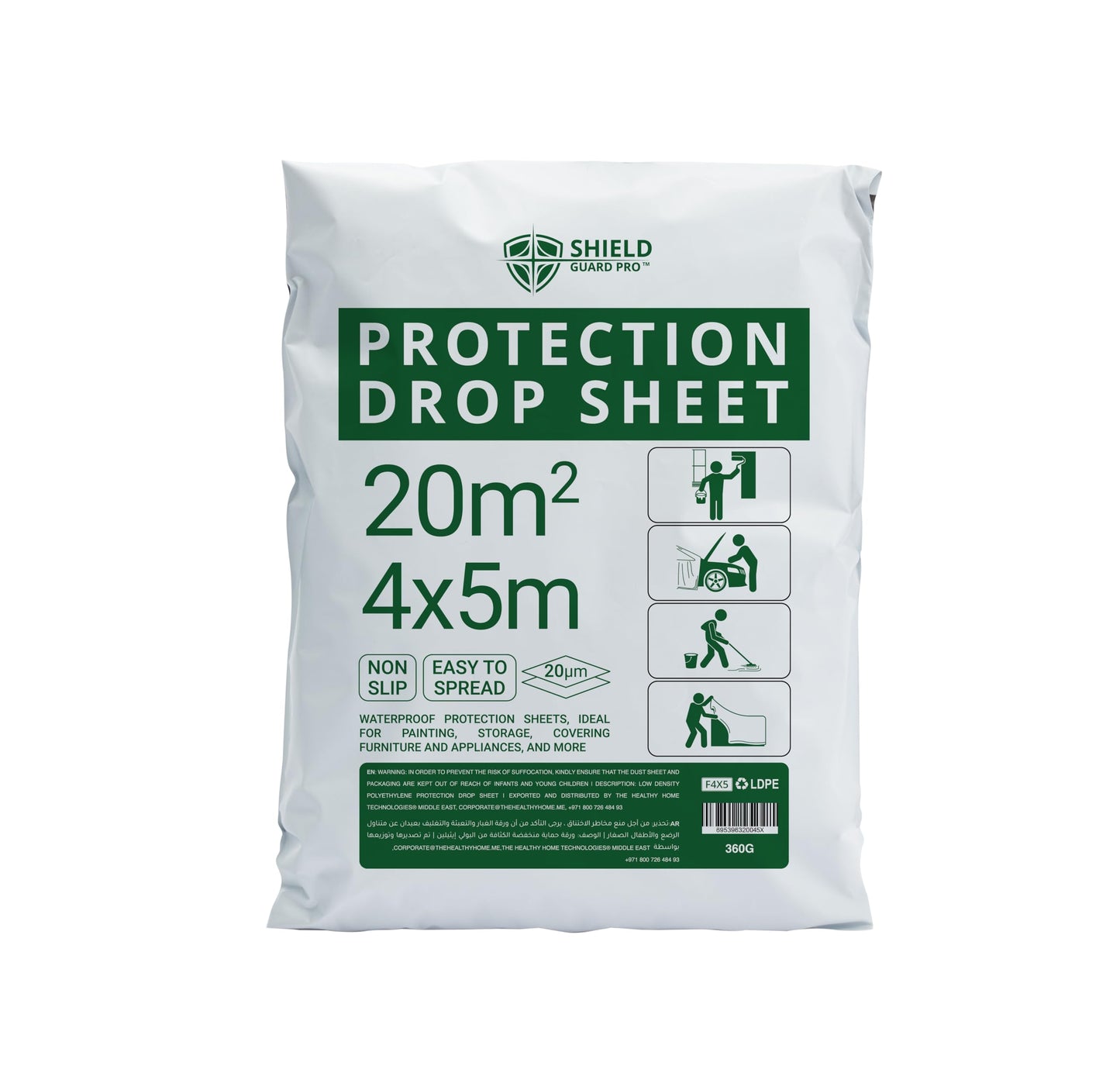 Shield Guard Pro Protection Drop Sheet, Waterproof Plastic Cover, White, 4x5m (20µm), 20m², Non-Slip for Painting, Storage, Furniture