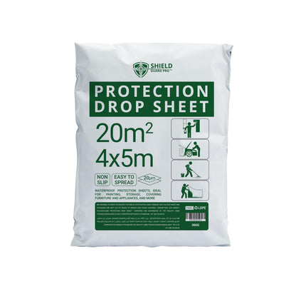 Shield Guard Pro Protection Drop Sheet, Waterproof Plastic Cover, White, 4x5m (20µm), 20m², Non-Slip for Painting, Storage, Furniture
